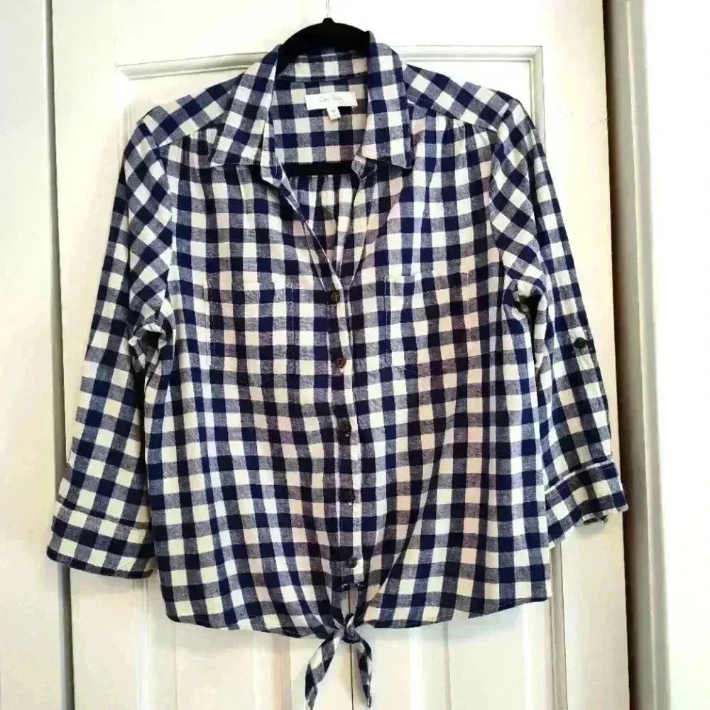 Coral Bay Navy/Cream gingham check button down | 3/4 sleeve | Medium